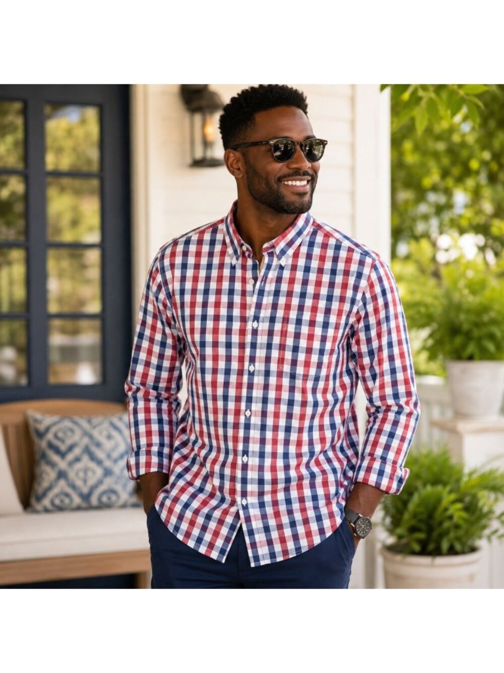 Club Room Men L Red White Blue Plaid Check Button Down 100% Cotton L/S Americana